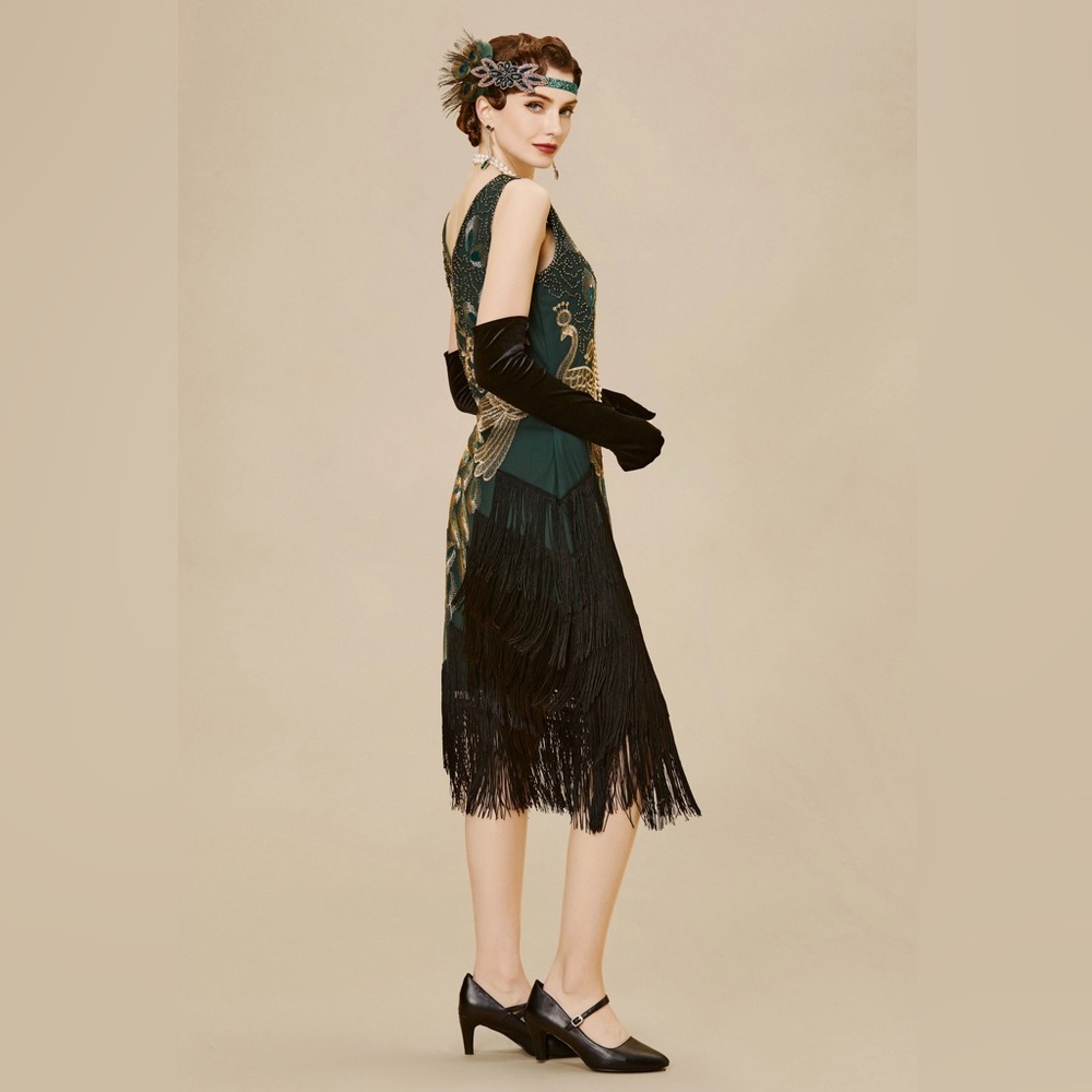 Black Beaded Dress with Peacock Design - Picture 2 of 9